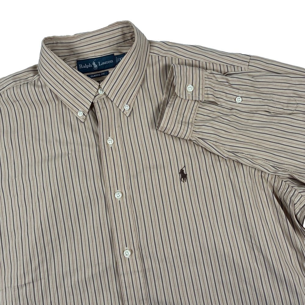 Mens Ralph Lauren Long Sleeve Button Down Shirt Size XL Classic Fit Tan Striped